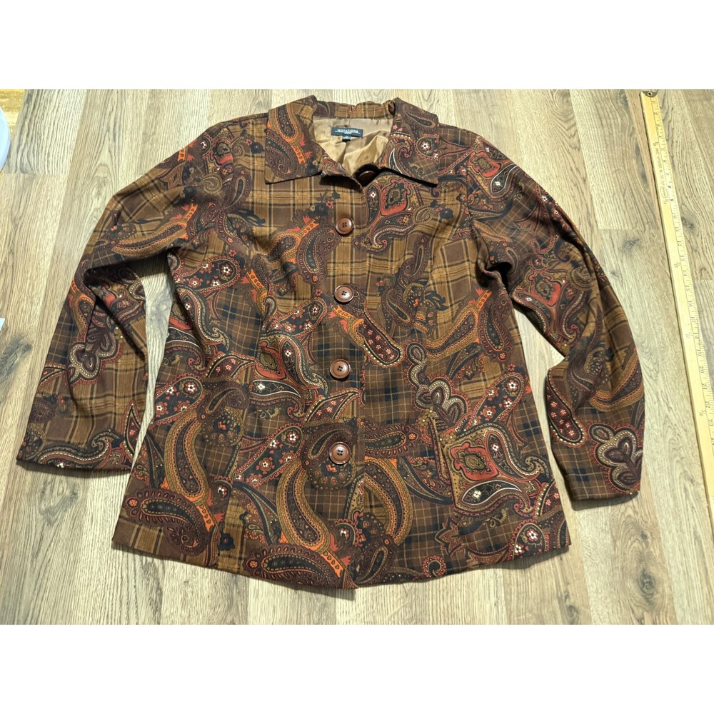Notations Jacket Women Size 1X Brown Paisley Button Up Long Sleeve Plaid